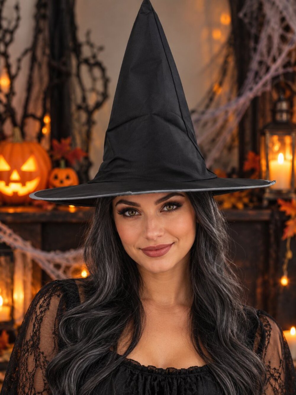 Halloween Adult Black Witch Hat with Gray Hair Witches Costume